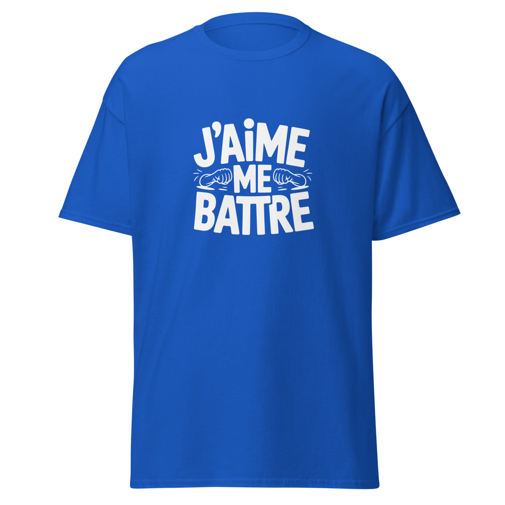 T-shirt unisexe J'aime me battre OSS 117 de la marque MerciSidi, devant blanc avec logo et texte sur le devant.