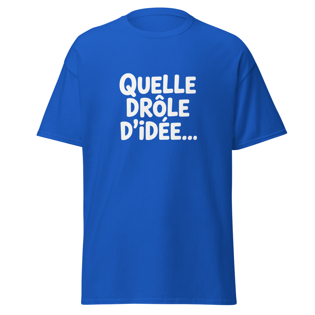 T-shirt unisexe "Quelle drôle d'idée..." OSS 117 de la marque MerciSidi, devant avec design coloré et logo visible.