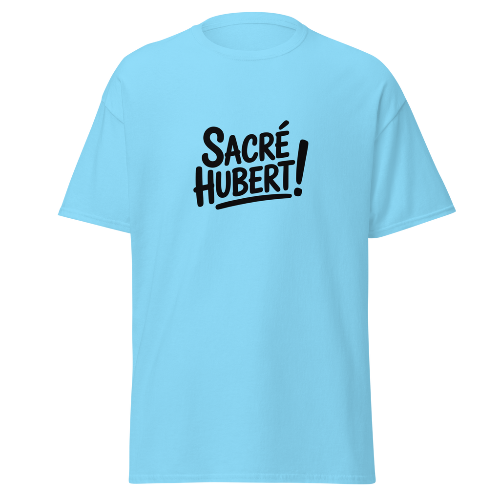 T-shirt unisexe Sacré Hubert ! de la marque MerciSidi, design classique avec impression du héros OSS 117 à l'avant.