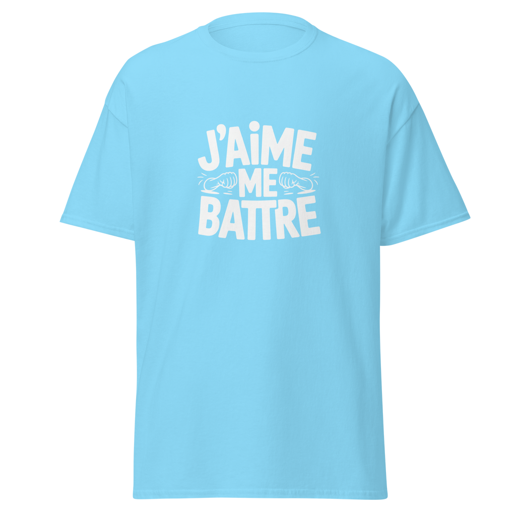 T-shirt unisexe MerciSidi "J'aime me battre" OSS 117, devant blanc avec impression graphique, style classique et décontracté.