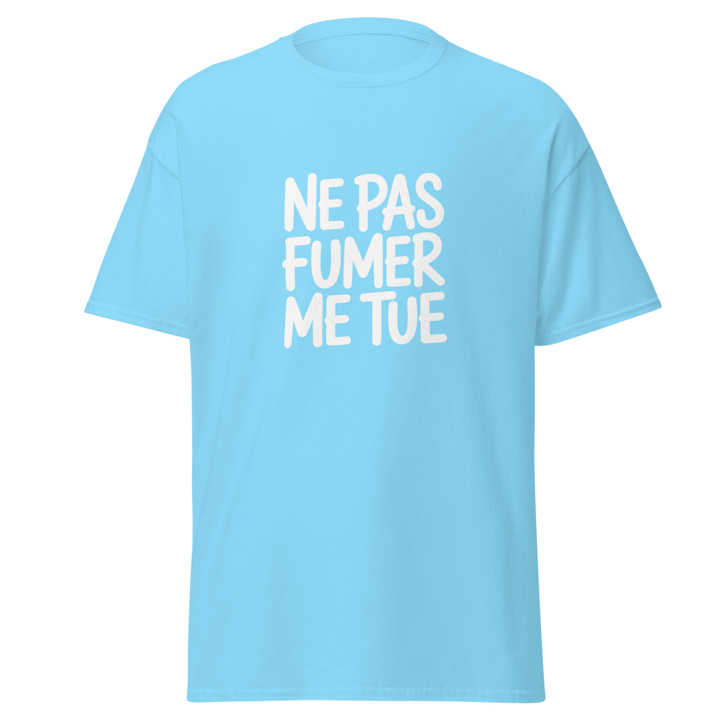 T-shirt unisexe MerciSidi "Ne pas fumer me tue" avec motif OSS 117, design classique en coton bleu clair, vue de face