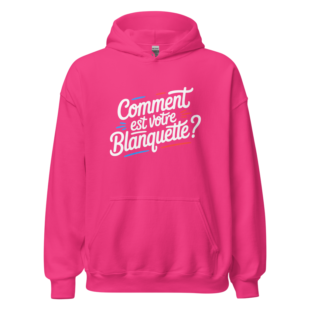Sweat à capuche unisexe MerciSidi "Comment est votre blanquette ?" avec logo OSS 117, en coton lourd, couleur héliconia.