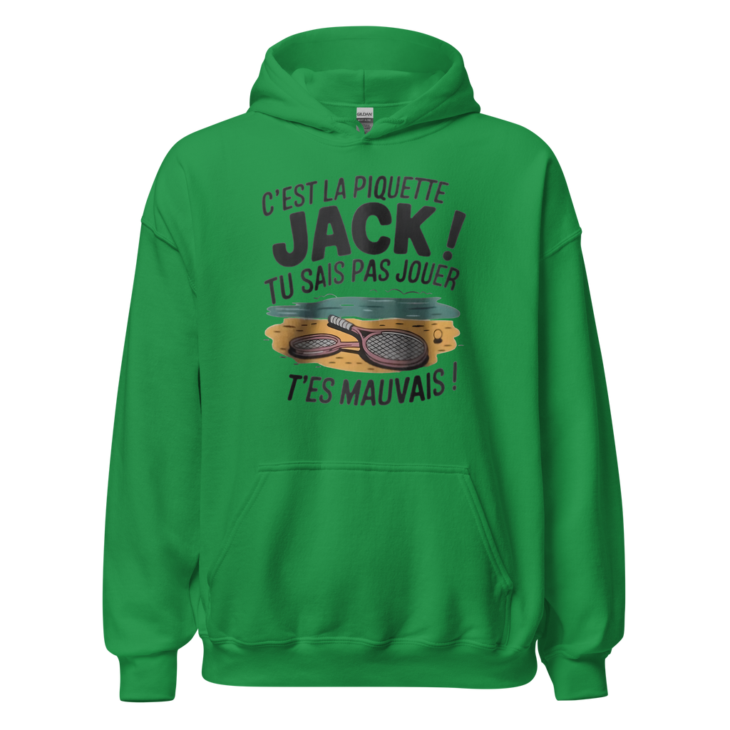 Sweat à capuche unisexe MerciSidi OSS 117, couleur vert irlandais, avec logo et design visible sur la face avant.