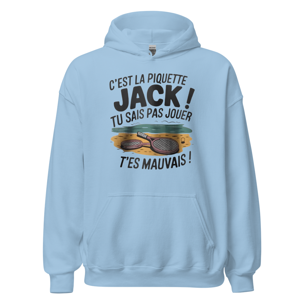 Sweat à capuche unisexe light blue MerciSidi "C'est la piquette Jack !" avec logo OSS 117, style décontracté et confortable.