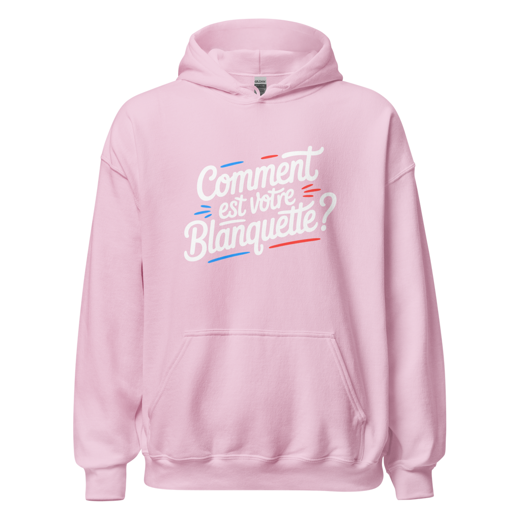 Sweat à capuche unisexe MerciSidi "Comment est votre blanquette ?" couleur rose clair, vue de face.