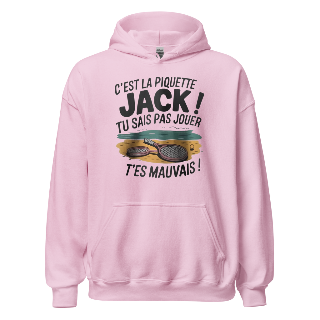 Sweat à capuche unisexe MerciSidi "C'est la piquette Jack !" en rose clair, devant, doux et confortable, style décontracté.