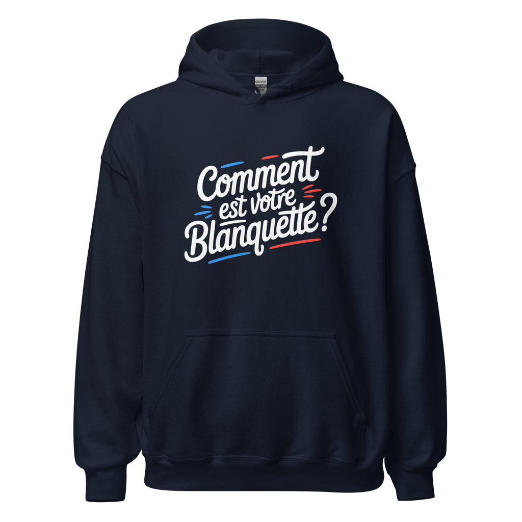 Sweat à capuche unisexe MerciSidi "Comment est votre blanquette ?" en molleton navy, vue de face.