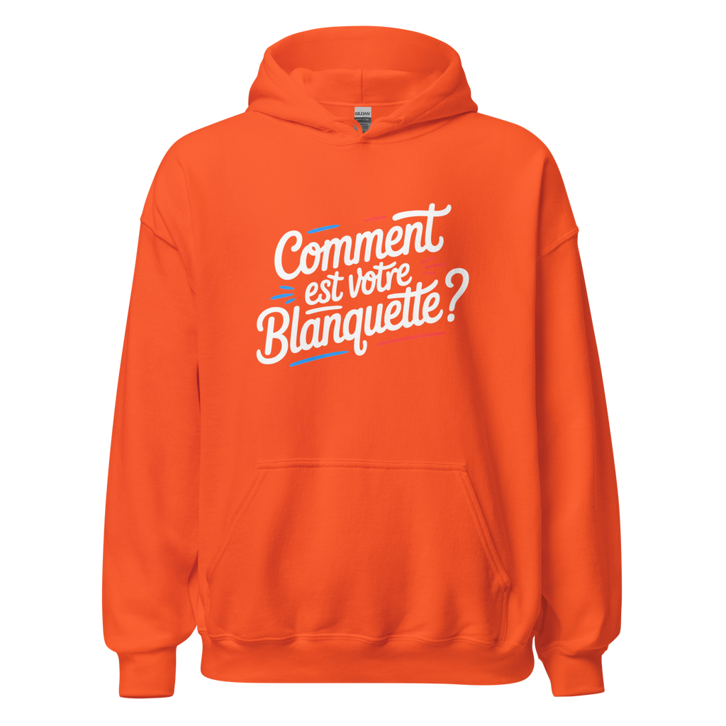 Sweat à capuche unisexe orange "Comment est votre blanquette ?" de la marque MerciSidi, devant, en tissu lourd.