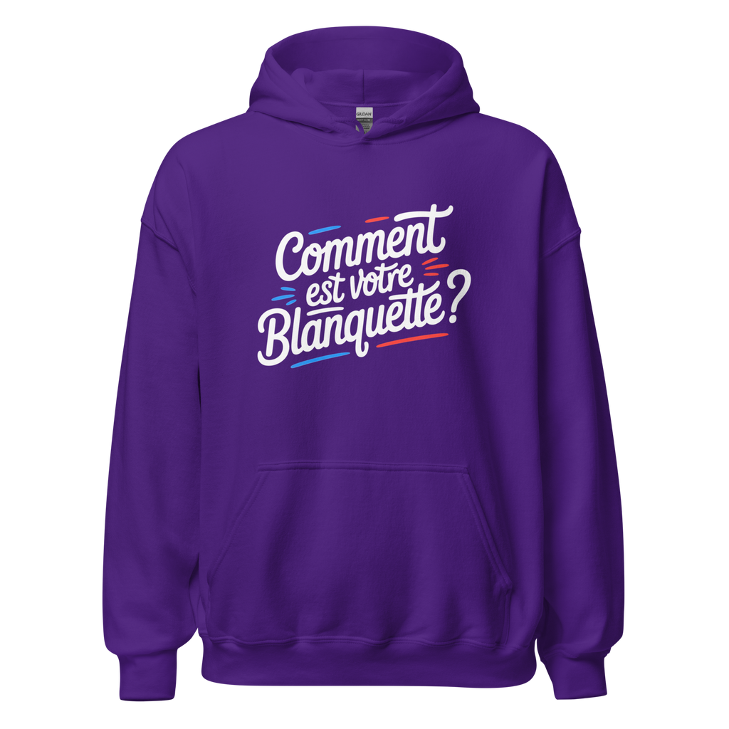 Sweat à capuche unisexe MerciSidi "Comment est votre blanquette ?" en violet, style décontracté, vue de face.