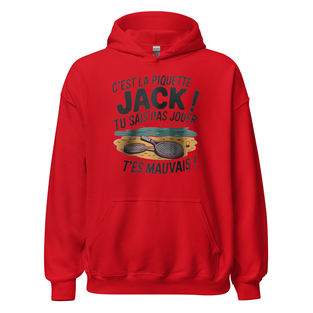 Sweat à capuche unisexe rouge MerciSidi "C'est la piquette Jack !" avec logo en avant, style décontracté et confortable.