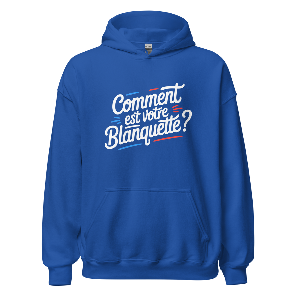 Sweat à capuche unisexe MerciSidi "Comment est votre blanquette ?" avec logo OSS 117, couleur bleue royale.